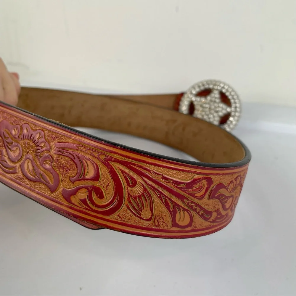 Western Embellished Star Bling Tooled Bonded Leather Belt Sz Large